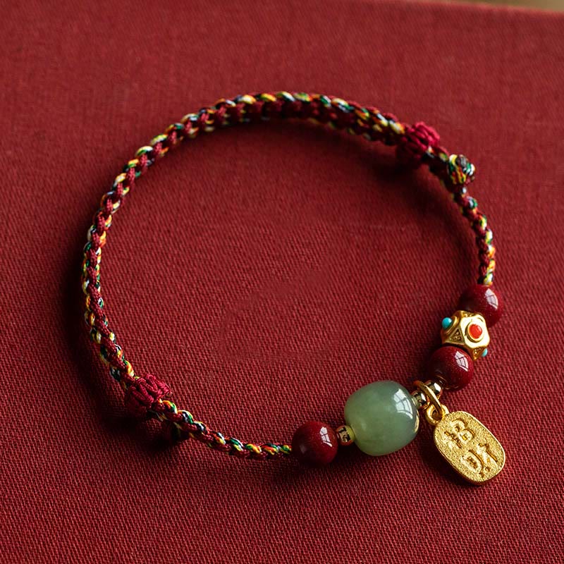 Buddha Stones Lucky Fortune Charm Hetian Cyan Jade White Jade Multicolored Braided String Prosperity Bracelet - Five-Colored String&Hetian Cyan Jade - 17-18cm - image 14