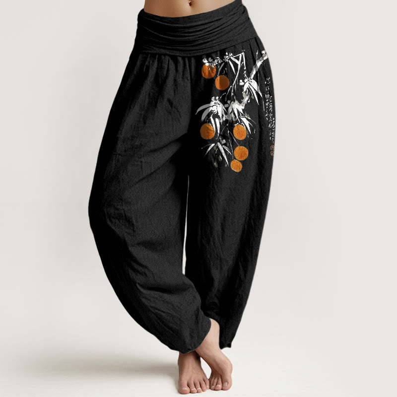 Buddha Stones Pure Cotton Brightly Colored Fruit Branches Pattern Women's Elastic Waist Harem Pants - Black - US16，UK/AU20，EU48 (3XL) - image 5