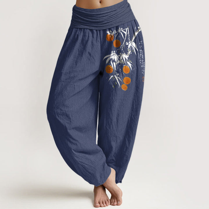 Buddha Stones Pure Cotton Brightly Colored Fruit Branches Pattern Women's Elastic Waist Harem Pants - DarkSlateBlue - US16，UK/AU20，EU48 (3XL) - image 8