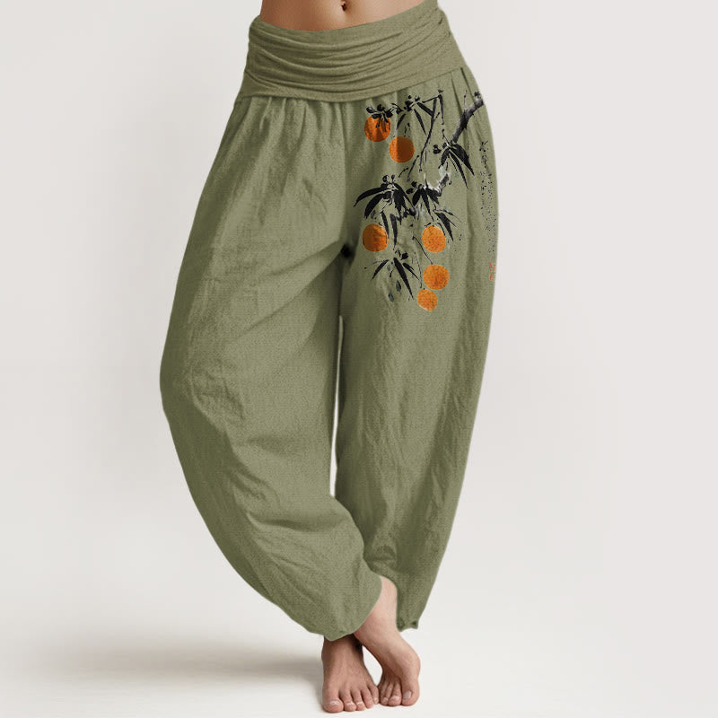 Buddha Stones Pure Cotton Brightly Colored Fruit Branches Pattern Women's Elastic Waist Harem Pants - OliveDrab - US16，UK/AU20，EU48 (3XL) - image 14