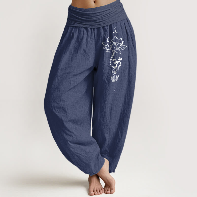 Buddha Stones Pure Cotton Minimalist Style Lotus Om Symbol Pattern Women's Elastic Waist Harem Pants - DarkSlateBlue - US16，UK/AU20，EU48 (3XL) - image 5
