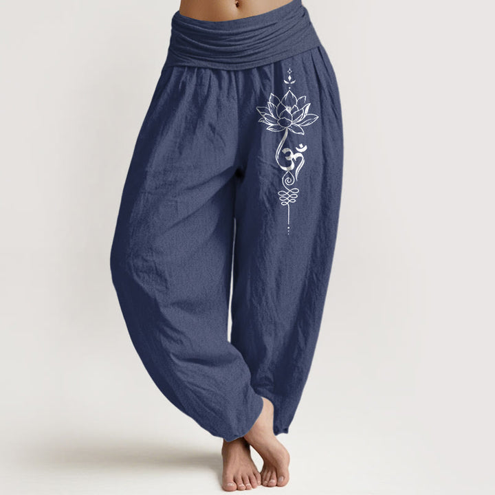 Buddha Stones Pure Cotton Minimalist Style Lotus Om Symbol Pattern Women's Elastic Waist Harem Pants - DarkSlateBlue - US16，UK/AU20，EU48 (3XL) - image 5