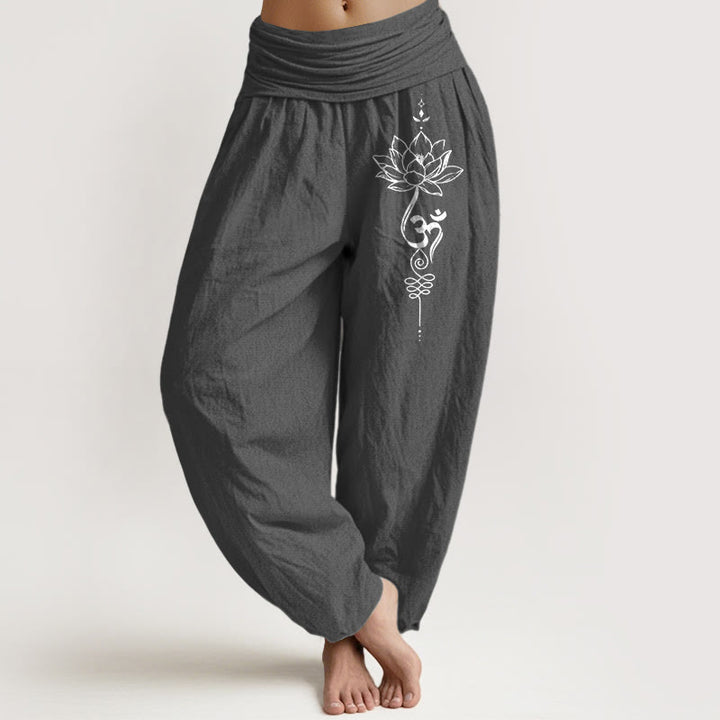 Buddha Stones Pure Cotton Minimalist Style Lotus Om Symbol Pattern Women's Elastic Waist Harem Pants - DimGray - US16，UK/AU20，EU48 (3XL) - image 8