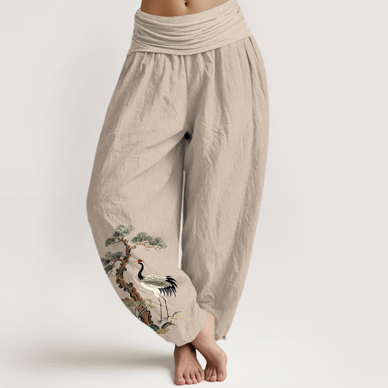 Buddha Stones Pure Cotton Crane Pine Tree Flower Grass Pattern Women's Elastic Waist Harem Pants - Tan - US16，UK/AU20，EU48 (3XL) - image 0