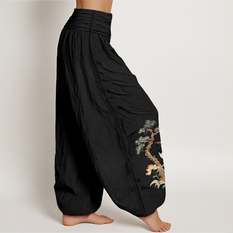 Buddha Stones Pure Cotton Crane Pine Tree Flower Grass Pattern Women's Elastic Waist Harem Pants - image 7