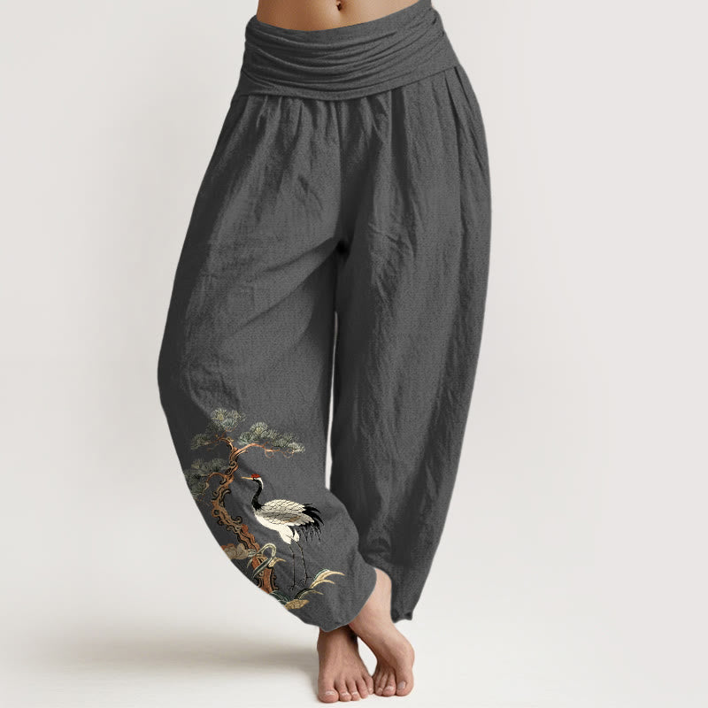 Buddha Stones Pure Cotton Crane Pine Tree Flower Grass Pattern Women's Elastic Waist Harem Pants - DimGray - US16，UK/AU20，EU48 (3XL) - image 11