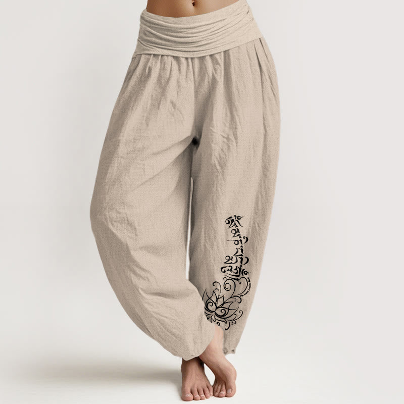 Buddha Stones Pure Cotton Simple Om Mani Padme Hum Lotus Pattern Women's Elastic Waist Harem Pants - Tan - US16，UK/AU20，EU48 (3XL) - image 11