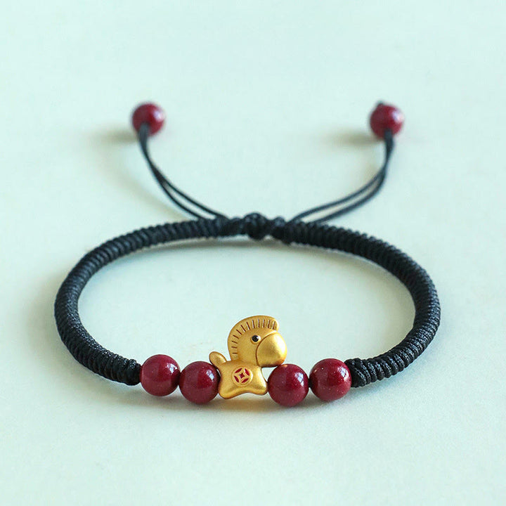 Buddha Stones Year of the Horse 999 Sterling Silver String Cinnabar Beads Braided Luck Bracelet - Black Rope Gold Horse(Wrist Circumference: 14-18cm) - image 10