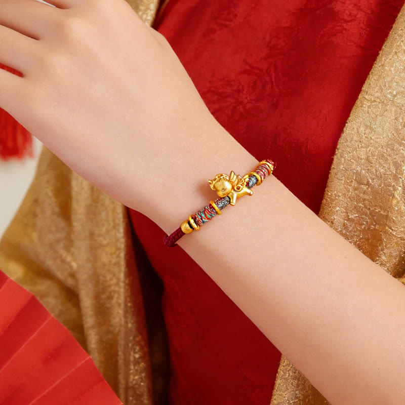 Buddha Stones Year of the Horse 999 Sterling Silver Plated Gold Braided String Rope Protection Bracelet - image 3