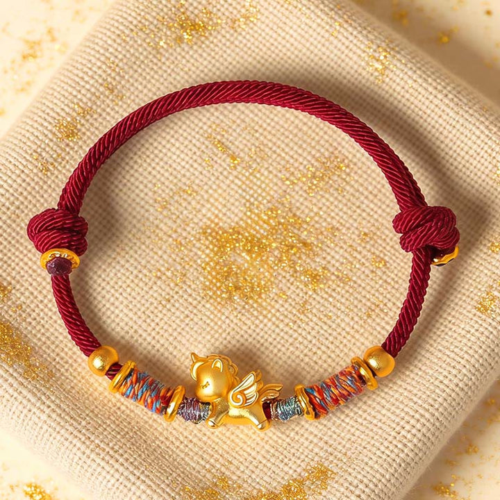 Buddha Stones Year of the Horse 999 Sterling Silver Plated Gold Braided String Rope Protection Bracelet - image 0