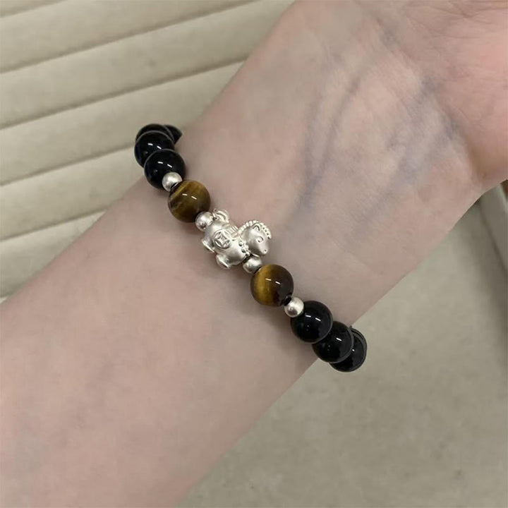 Buddha Stones Year Of The Horse 999 Sterling Silver Horse Charm Black Obsidian Tiger Eye Strength Bracelet - image 2