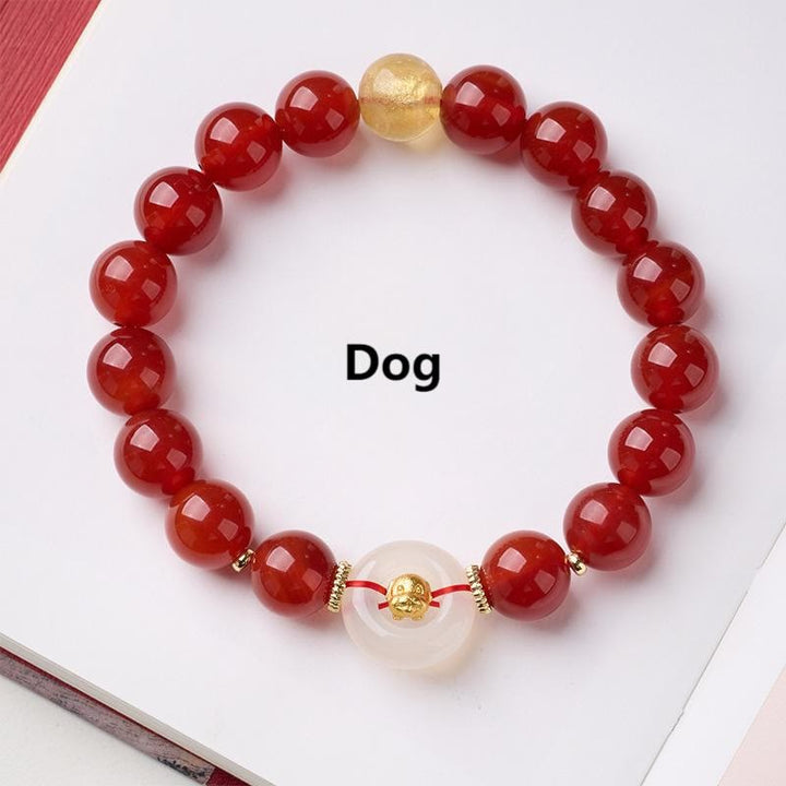 Buddha Stones Chinese Zodiac Year Of The Horse Peace Buckle Red Agate White Chalcedony Confidence Bracelet - Dog - image 29
