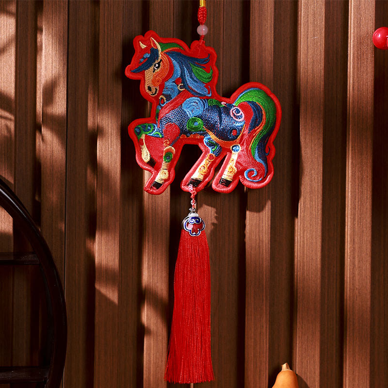 Buddha Stones Year Of The Horse Embroidery Bell Tassel Hanging Decoration - Red Background Colorful Horse Tassel(10*13cm) - image 10