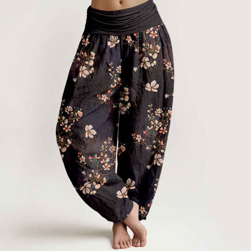 Buddha Stones Pure Cotton Cherry Blossom Women's Elastic Waist Harem Pants - Black - US16，UK/AU20，EU48 (3XL) - image 0
