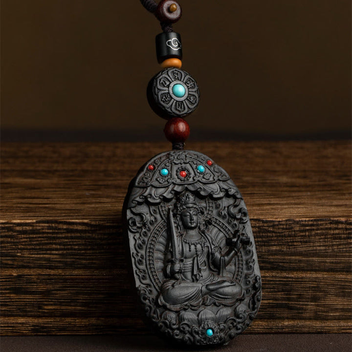 Buddha Stones Chinese Zodiac Natal Buddha Year of the Horse Om Mani Padme Hum Lotus Ebony Blessing Key Chain - image 4