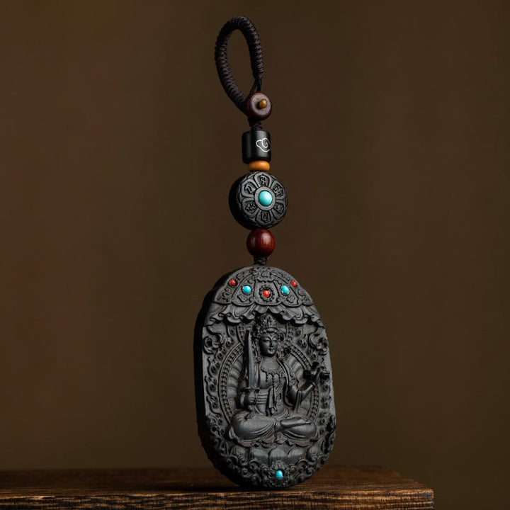 Buddha Stones Chinese Zodiac Natal Buddha Year of the Horse Om Mani Padme Hum Lotus Ebony Blessing Key Chain - image 0