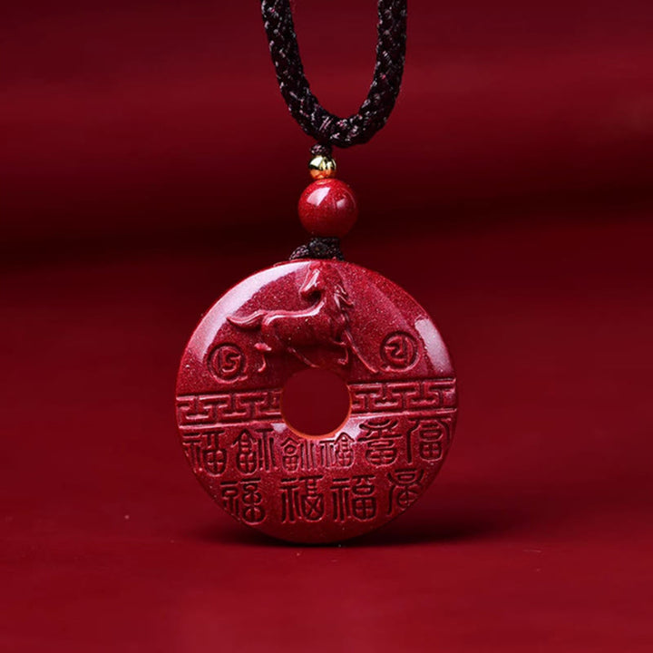 Buddha Stones Year Of The Horse Carved Fu Character Peace Buckle Design Cinnabar Blessing Auspicious Necklace Pendant - Horse(Size: 30*7mm) - image 0