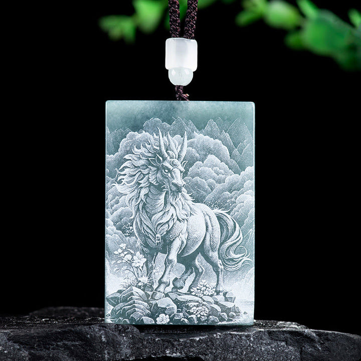 Buddha Stones Year Of The Horse Chinese Zodiac Engraving Jade Abundance Necklace Pendants - Horse - 60*40*4mm - image 0