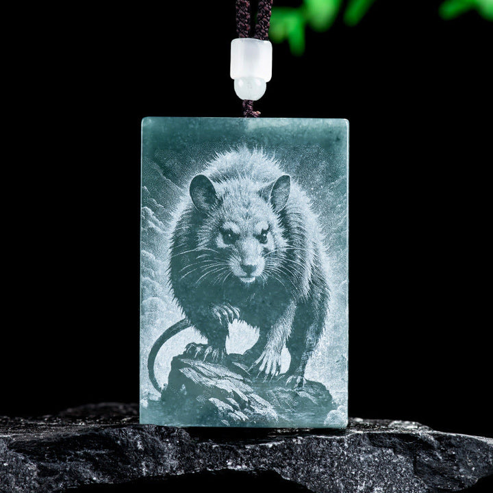 Buddha Stones Year Of The Horse Chinese Zodiac Engraving Jade Abundance Necklace Pendants - Rat - 60*40*4mm - image 7
