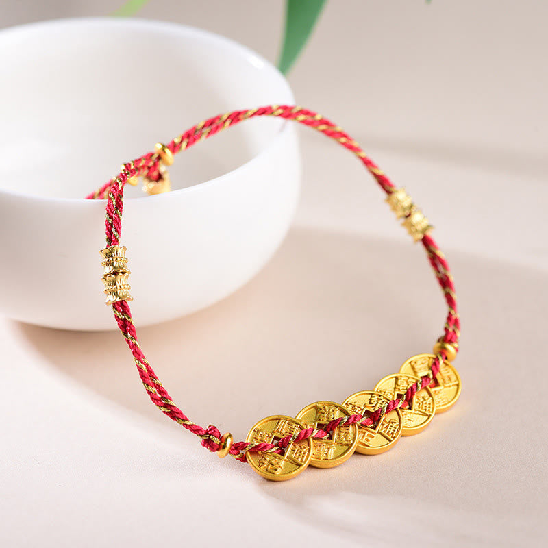 Buddha Stones Five-Emperor Coins Copper Balance Hand-Woven String Bracelet  - image 1