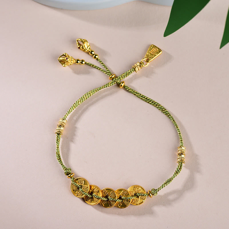 Buddha Stones Five-Emperor Coins Copper Balance Hand-Woven String Bracelet  - Green Five Emperors Coins(Wrist Circumference: 16-19cm) - image 13