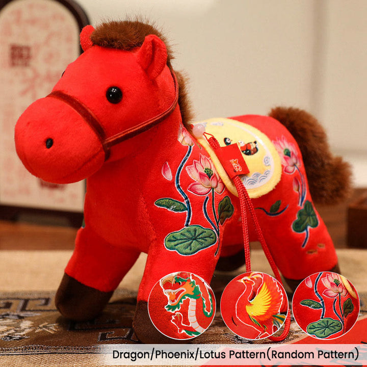Buddha Stones Year of the Horse Bamboo Dragon Lotus Phoenix Plush Doll Home Decoration - Red Dragon/Phoenix/Lotus Horse(Random Pattern) - 20*9.5*16cm - image 19