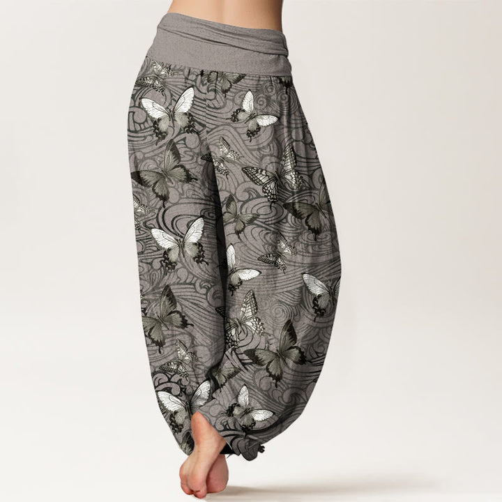 Buddha Stones Pure Cotton Gray Black Butterfly Striped Women's Elastic Waist Harem Pants - image 1