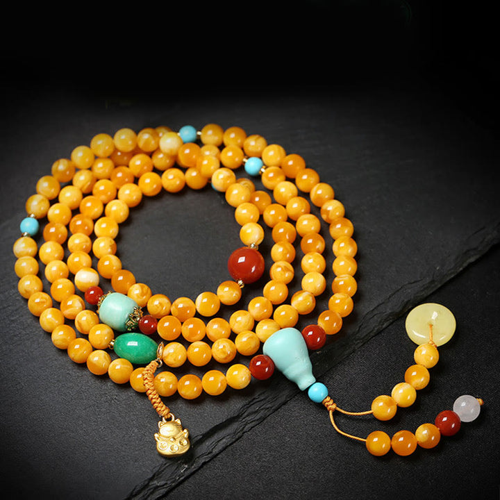 Buddha Stones 108 Beads Peace Buckle Lucky Cat Amber Auspicious Fortune Mala - image 2