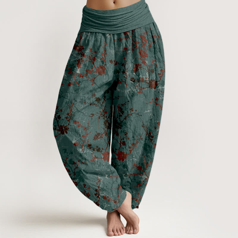 Buddha Stones Pure Cotton Blooming Flowers Branches Leaves Women's Elastic Waist Harem Pants - CadetBlue - US16，UK/AU20，EU48 (3XL) - image 0