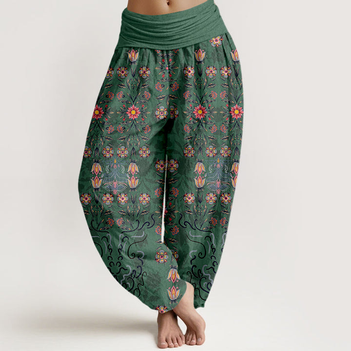 Buddha Stones Pure Cotton Blooming Multicolored Floral Women's Elastic Waist Harem Pants - MediumSeaGreen - US16，UK/AU20，EU48 (3XL) - image 0