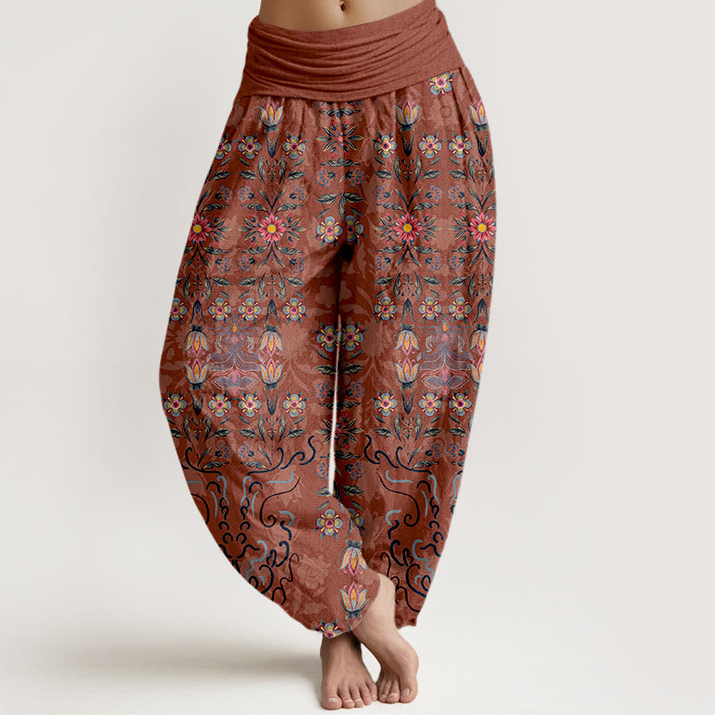 Buddha Stones Pure Cotton Blooming Multicolored Floral Women's Elastic Waist Harem Pants - Salmon - US16，UK/AU20，EU48 (3XL) - image 8
