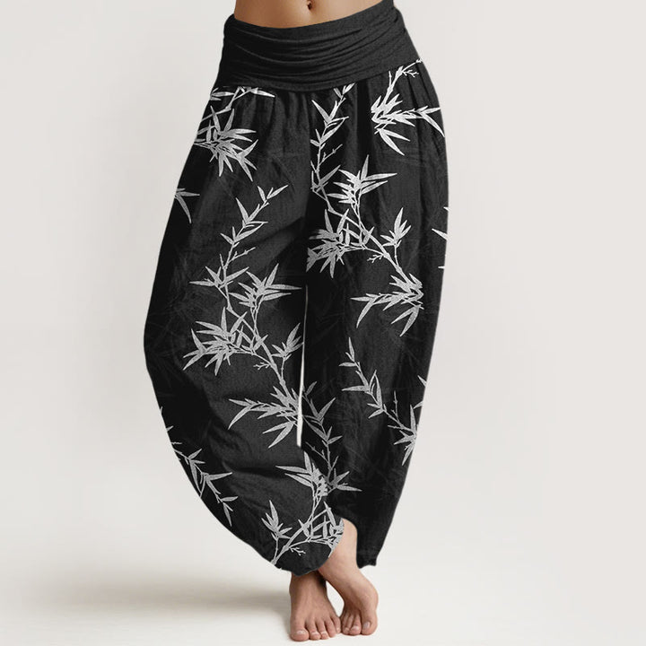 Buddha Stones Pure Cotton White Bamboo Leaves Women's Elastic Waist Harem Pants - Black - US16，UK/AU20，EU48 (3XL) - image 0