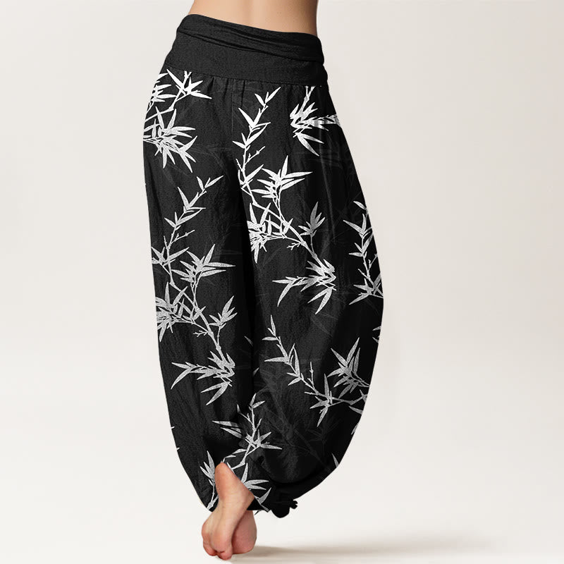 Buddha Stones Pure Cotton White Bamboo Leaves Women's Elastic Waist Harem Pants - image 1