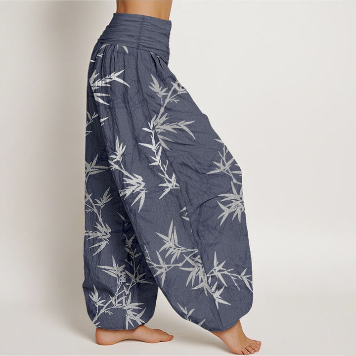 Buddha Stones Pure Cotton White Bamboo Leaves Women's Elastic Waist Harem Pants - image 7