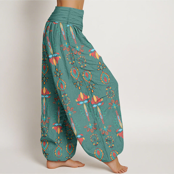 Buddha Stones Pure Cotton Colorful Lotus Flowers Green Leaves Geometric Women's Elastic Waist Harem Pants - image 2