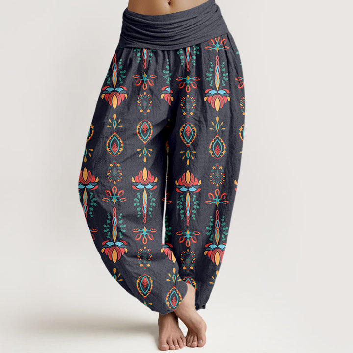 Buddha Stones Pure Cotton Colorful Lotus Flowers Green Leaves Geometric Women's Elastic Waist Harem Pants - Gray - US16，UK/AU20，EU48 (3XL) - image 8