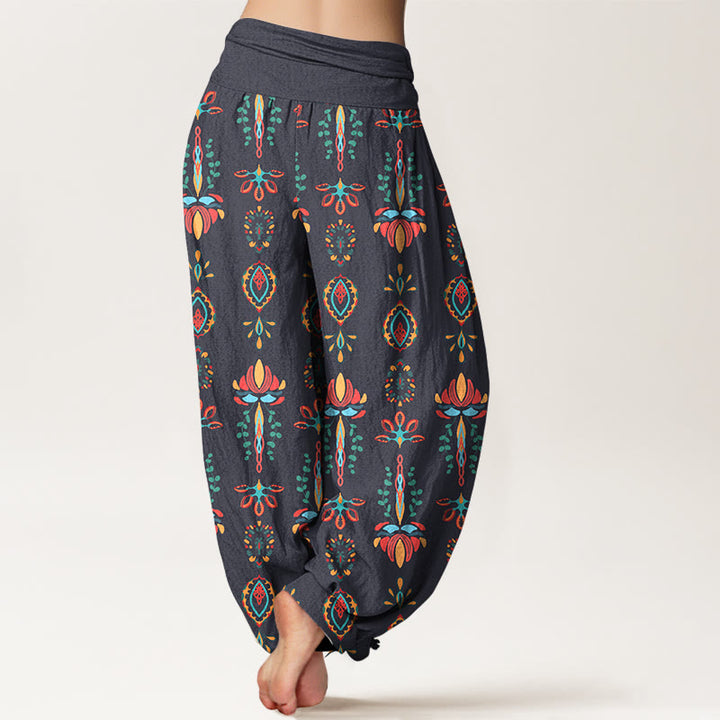 Buddha Stones Pure Cotton Colorful Lotus Flowers Green Leaves Geometric Women's Elastic Waist Harem Pants - image 9