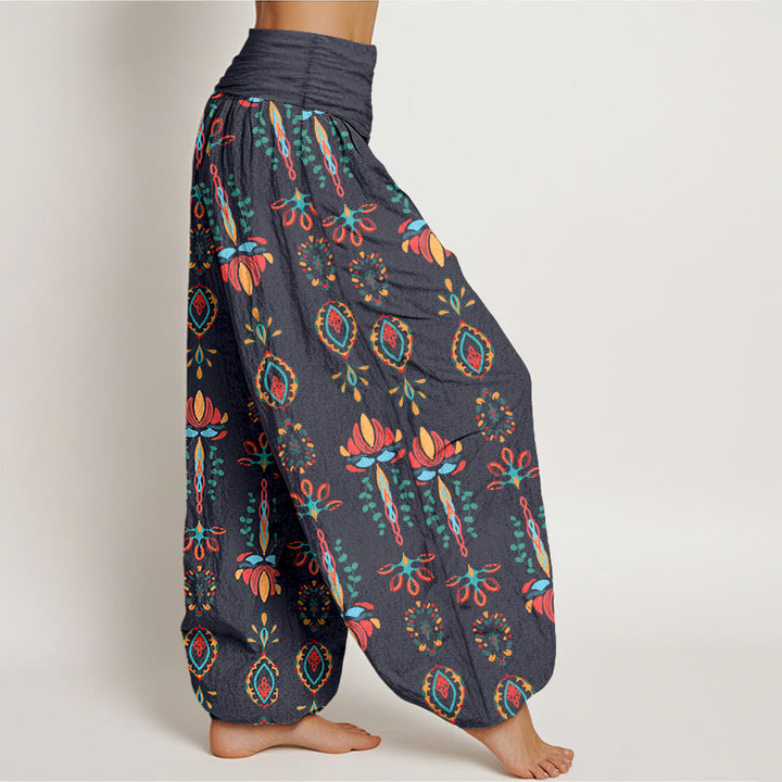 Buddha Stones Pure Cotton Colorful Lotus Flowers Green Leaves Geometric Women's Elastic Waist Harem Pants - image 10