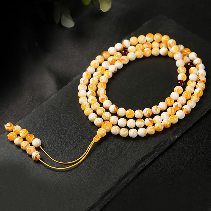 Buddha Stones Tibetan White Yellow 108 Beads Amber Mala - 10mm - image 1