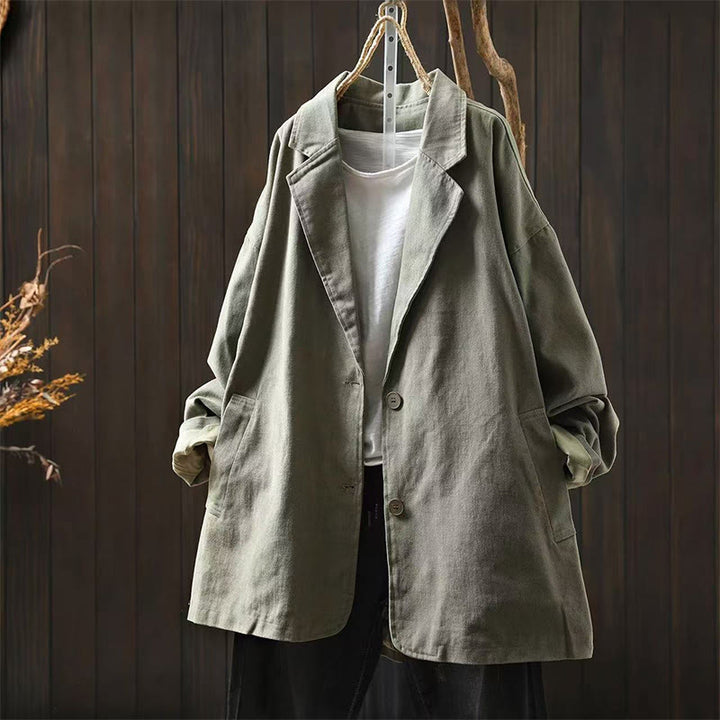 Buddha Stones Spring Fall Buttons Lapel Collar Long Sleeve Mid-length Cotton Women's Jacket With Pockets - DarkSeaGreen - US4-8/10，UK/AU8-12/14，EU36-40/42 (F) - image 18