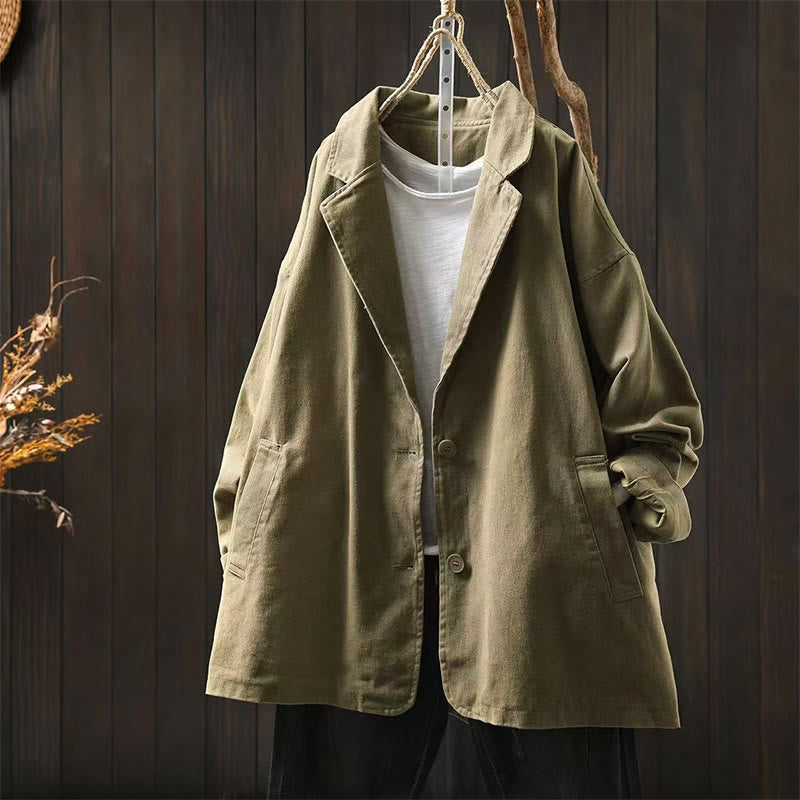 Buddha Stones Spring Fall Buttons Lapel Collar Long Sleeve Mid-length Women's Jacket With Pockets - DarkKhaki - US4-8/10，UK/AU8-12/14，EU36-40/42 (F) - image 24