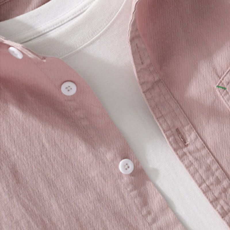 Buddha Stones Solid Buttons Down Decorative Pocket Men's Stand Collar Long Sleeve Cotton Shirt - image 4