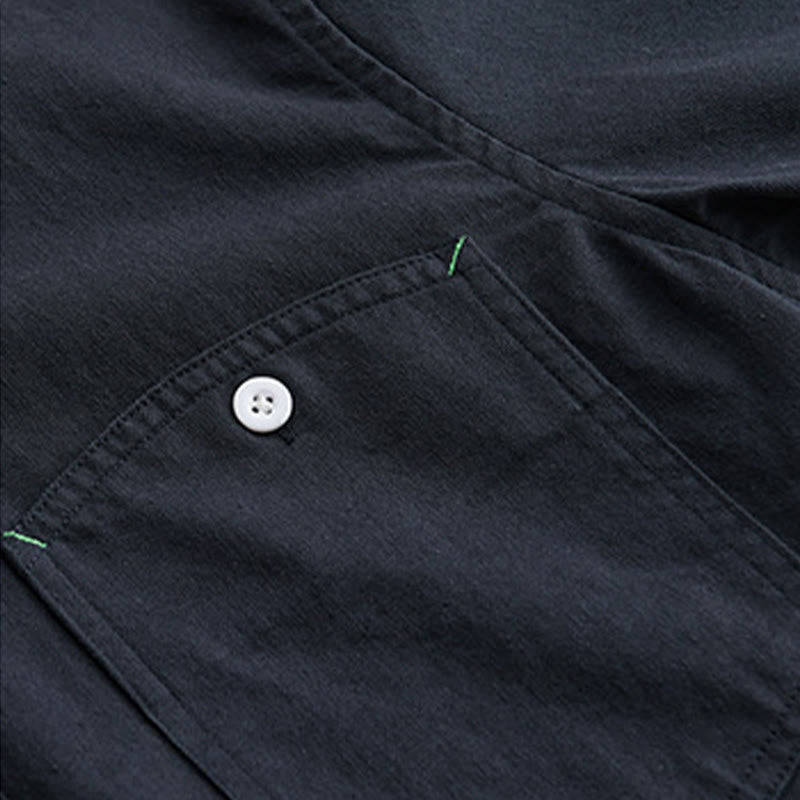 Buddha Stones Solid Buttons Down Decorative Pocket Men's Stand Collar Long Sleeve Cotton Shirt - image 13