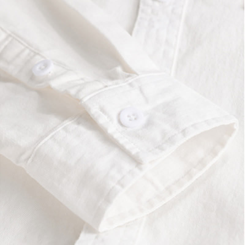 Buddha Stones Solid Buttons Down Decorative Pocket Men's Stand Collar Long Sleeve Cotton Shirt - image 18