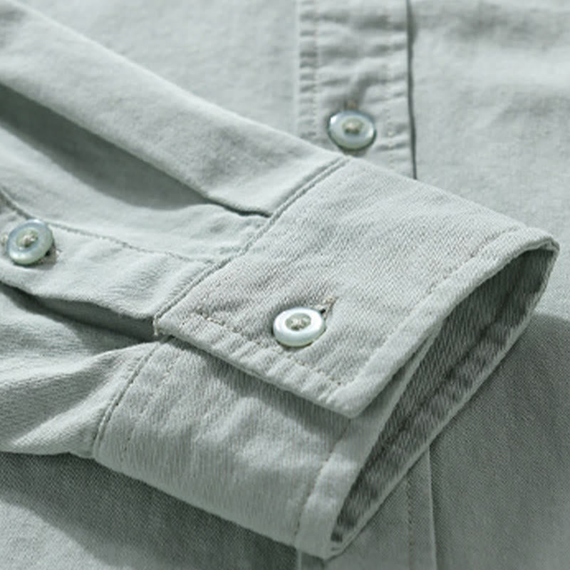 Buddha Stones Casual Solid Buttons Down Decorative Pocket Men's Stand Collar Long Sleeve Cotton Shirt - image 3