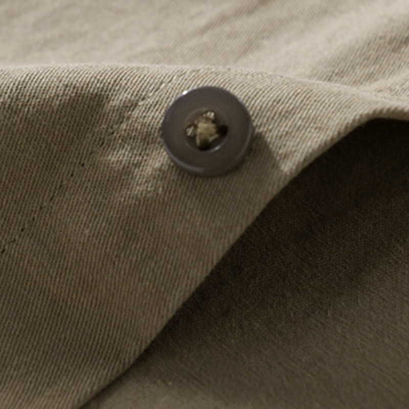 Buddha Stones Casual Solid Buttons Down Decorative Pocket Men's Stand Collar Long Sleeve Cotton Shirt - image 16