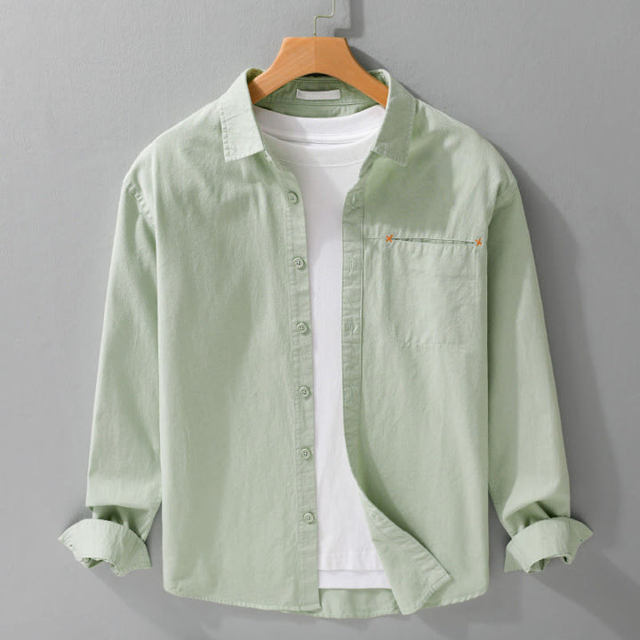 Buddha Stones Spring Solid Buttons Down Decorative Pocket Men's Stand Collar Long Sleeve Cotton Shirt - LightGreen - US/UK/AU42，EU52 (3XL) - image 4