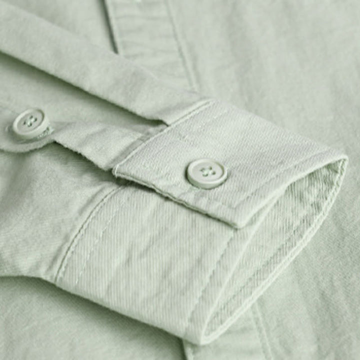 Buddha Stones Spring Solid Buttons Down Decorative Pocket Men's Stand Collar Long Sleeve Cotton Shirt - image 8