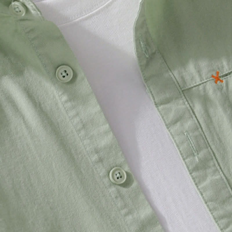 Buddha Stones Spring Solid Buttons Down Decorative Pocket Men's Stand Collar Long Sleeve Cotton Shirt - image 6