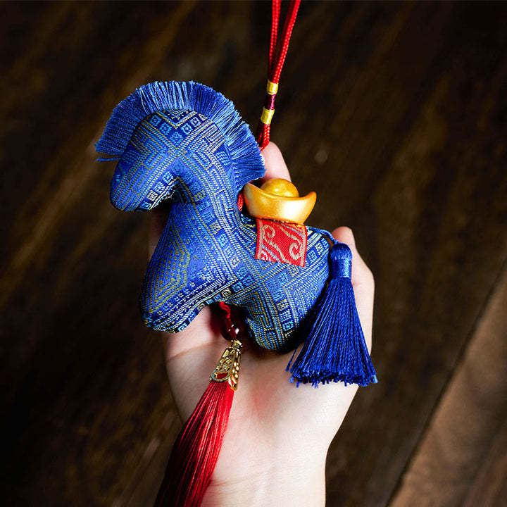 Buddha Stones Year Of The Horse Red String Embroidery Ingot Tassel Decoration - Blue Horse - 10*10cm - image 11